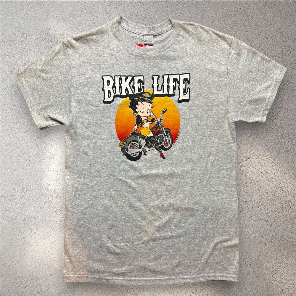 Betty‎ Boop Bike Life Graphic T-Shirt Mens Medium Gray Gildan Heavy Cotton NWT